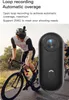 A person riding a bicycle with a small camera mounted on their helmet, and a close-up of the camera is shown. Produktbild-Vorschau