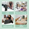Collage of four images showing different uses of a phone case with a stand and camera cover. Produktbild-Vorschau