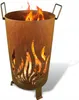 A rusty metal fire pit with flame cutouts, burning wood inside, and two handles at the top, set against a white background. Produktbild-Vorschau
