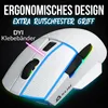 A close-up marketing image of a white gaming mouse with RGB lighting accents, highlighting its ergonomic design and grip features. Produktbild-Vorschau