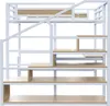 A white metal loft bed with wooden shelves and a staircase. Anteprima dell’immagine prodotto