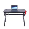 A black gaming desk with a laptop, headphones, and a water bottle holder. Produktbild-Vorschau