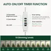A diagram illustrating the features of a plant grow light, including its timer function, dimming levels, and color modes, with accompanying visual examples of different brightness settings. Náhľad obrázku produktu