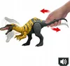 A toy dinosaur with a yellow and gray striped body is shown from the side. A hand is shown manipulating the tail, and motion lines indicate the head is moving. Náhľad obrázku produktu