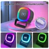 A collage of images showing a wireless charger with RGB lighting, including close-ups and different color modes, and a separate image of a charging adapter. Produktbild-Vorschau