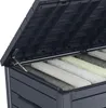 Close-up view of the inside of a dark gray storage box, showing several cushions neatly stored within. The lid of the box is open, revealing its internal structure and a hinge mechanism. Produktbild-Vorschau