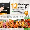 A collage of food images and an air fryer with text overlays highlighting features. Produktbild-Vorschau