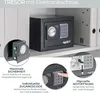 A safe with an electronic lock is shown on a shelf, with close-up insets highlighting its features. Anteprima dell’immagine prodotto