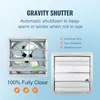 A split image showing a ventilation fan with its gravity shutter open and closed, along with text highlighting its features. Podgląd zdjęcia produktu