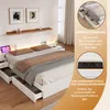A white bed with drawers and LED lighting, shown in a bedroom setting with decorative elements and informational overlays. Produktbild-Vorschau