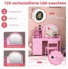 A pink vanity desk with a mirror and chair, featuring LED lights and various accessories. The image also includes informational graphics about the lights and battery box. Produktbild-Vorschau