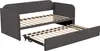 A gray upholstered daybed with a pull-out trundle bed, shown with the trundle extended. Anteprima dell’immagine prodotto