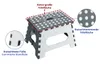 A folding step stool with descriptive text and close-up views of its features. Podgląd zdjęcia produktu
