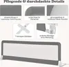 A collage of images showing details of a bed rail, including fabric, rounded corners, mesh, support leg, and assembly. Voir les images du produit