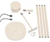 A collection of parts for a floor lamp, including a base, poles, a light fixture, and charging cables, laid out on a white background. Produktbild-Vorschau