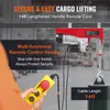 A person is holding a remote control for an electric hoist, with the hoist itself mounted above. Voir les images du produit