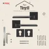 A product image showcasing door handles and their accessories, with descriptive text and branding. Produktbild-Vorschau