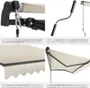 Collage of close-up images showing details of an awning, including its mounting mechanism, crank handle, and fabric. Produktbild-Vorschau