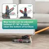 A robotic mop head is shown cleaning under a piece of furniture, with diagrams illustrating the adjustable handle angles. Produktbild-Vorschau
