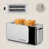 A modern toaster with four slices of toast in it, shown from a slightly angled front view. A diagram of the toaster slots is shown above. Voir les images du produit