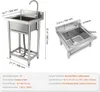 A stainless steel sink with a faucet and legs, shown with dimensions and specifications. Produktbild-Vorschau