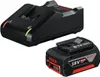 A black Bosch battery charger and a black Bosch 18V 4.0Ah Li-Ion battery are shown on a white background. Voir les images du produit