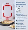 A baking sheet with a cake and a transparent lid with red handles, along with product information. Anteprima dell’immagine prodotto