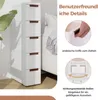 A narrow white storage cabinet with drawers is shown next to a bed, with close-up images highlighting its features. Produktbild-Vorschau