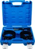 A blue plastic case containing a set of piston ring compressors and a tool. Voir les images du produit