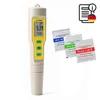 A digital pH meter with calibration packets and an information icon with a German flag. Voir les images du produit
