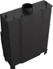 A black metal fireplace insert with a chimney pipe on top, shown from a diagonal angle against a white background. Produktbild-Vorschau