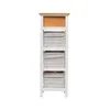 A tall, narrow chest of drawers with a wooden top and three woven baskets, set against a white background. Podgląd zdjęcia produktu