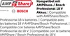 Text and logos indicating compatibility with AMPShare/Bosch Professional 18V batteries. Produktbild-Vorschau
