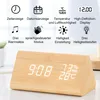 A wooden digital alarm clock is displayed with various feature icons and text above it. Produktbild-Vorschau