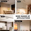 Collage of four images showing a linear LED pendant light in different room settings: dining room, study, office, and living room. Produktbild-Vorschau