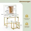 A diagram showing the dimensions of a white and gold vanity table and stool set, with additional information on weight capacity. Náhľad obrázku produktu