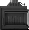 A black fireplace insert with a glass door and a chimney pipe on top, shown against a white background. Produktbild-Vorschau