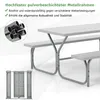 A picnic table set with benches, shown from a low angle with a focus on the metal frame and tabletop. Produktbild-Vorschau