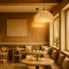 A cozy cafe interior with wooden walls, tables, and chairs, illuminated by woven pendant lights. Podgląd zdjęcia produktu