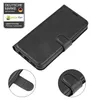 A black flip cover wallet case for a smartphone, shown from a diagonal angle with close-up insets. Produktbild-Vorschau
