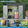 A garden shed with its doors open, showing various items stored inside, with four smaller images below illustrating different uses. Produktbild-Vorschau