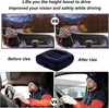 Collage showing a car interior before and after using a booster seat, and a close-up of the booster seat. Produktbild-Vorschau