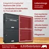 A dark grey mailbox with a red outline of an inset frame, presented on a wooden surface with text overlays. Produktbild-Vorschau