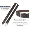 A dark brown leather belt with a silver buckle is shown, along with a close-up of the belt's holes and a description of its features. Produktbild-Vorschau