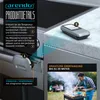 Close-up of a kitchen appliance with product details and a graphic illustrating wireless transmission range, alongside a lifestyle image of people grilling outdoors. Produktbild-Vorschau