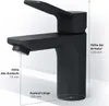A black faucet is shown with dimensions indicated by text and lines. Produktbild-Vorschau