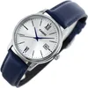 A close-up shot of a men's wristwatch with a silver dial and a blue leather strap. Voir les images du produit