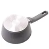 A close-up, angled view of the bottom and side of a grey speckled saucepan with a grey handle, set against a white background. Produktbild-Vorschau