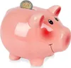 A pink ceramic piggy bank with a coin in its slot. Anteprima dell’immagine prodotto