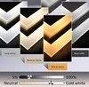 A collage of images showing a modern LED ceiling light in different color temperatures and brightness levels, with text labels and sliders indicating these settings. Produktbild-Vorschau